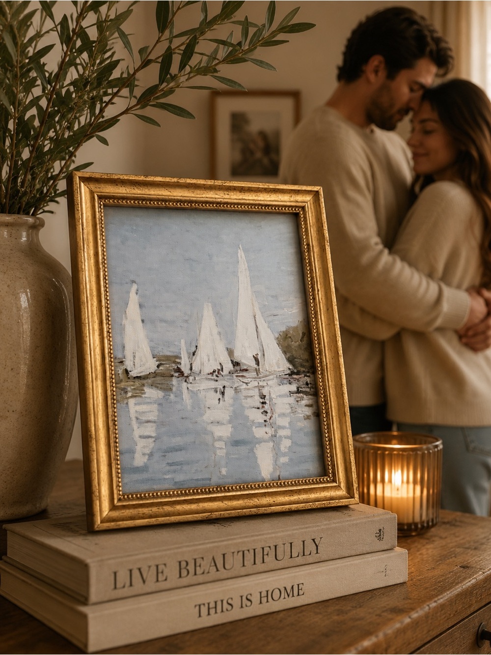 Gold Framed Sailboat Art Print - White and Blue Ready To Hang